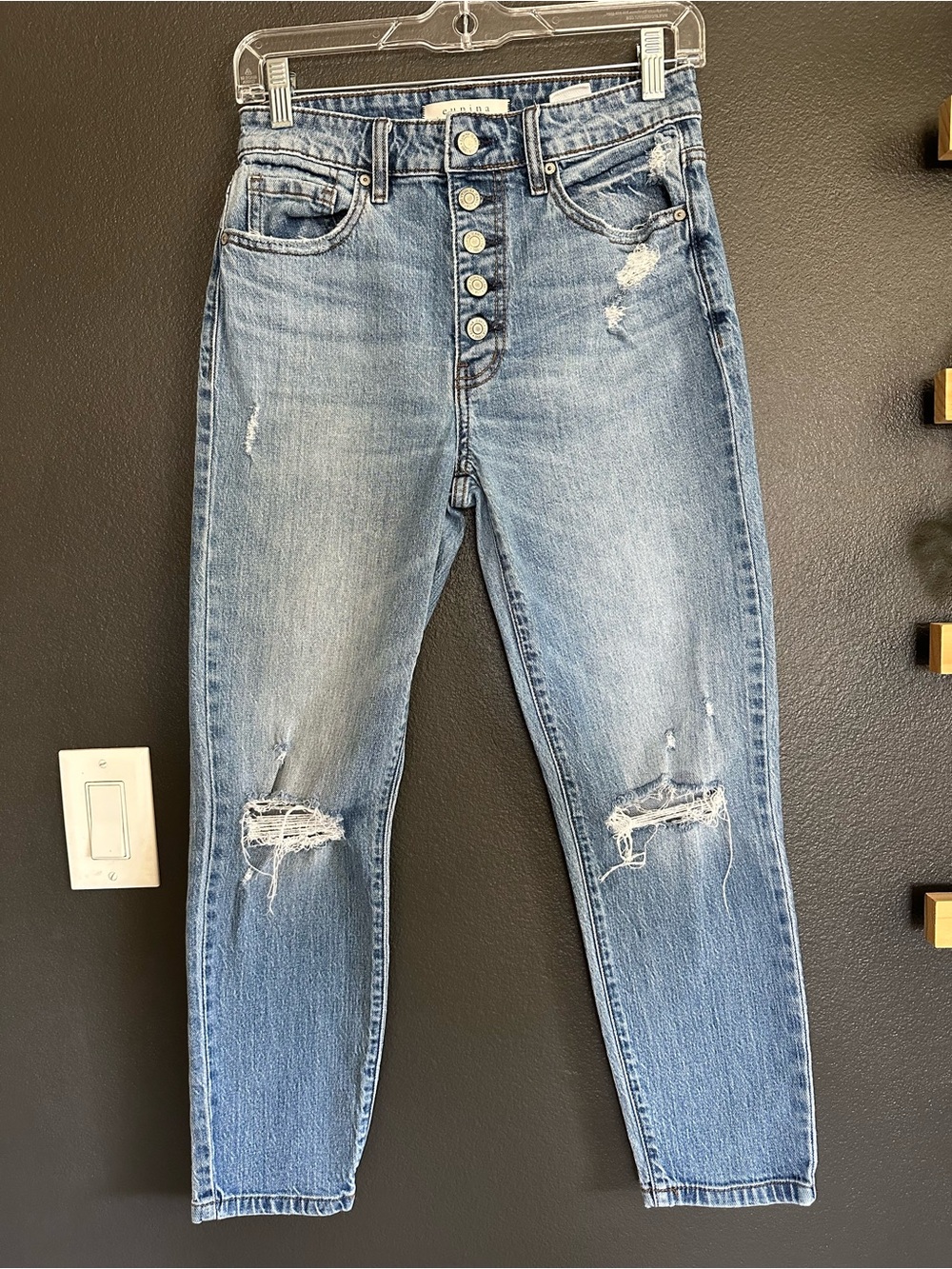 Eunina Tobi Super High Rise Mom Jeans Crop Distressed Button Fly 26